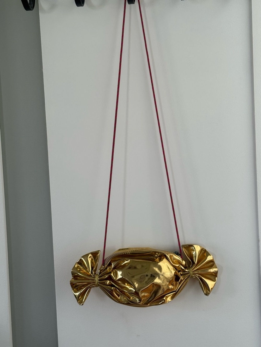 J. Crew Gold Metallic Candy-Shaped Crossbody with Pink Strap